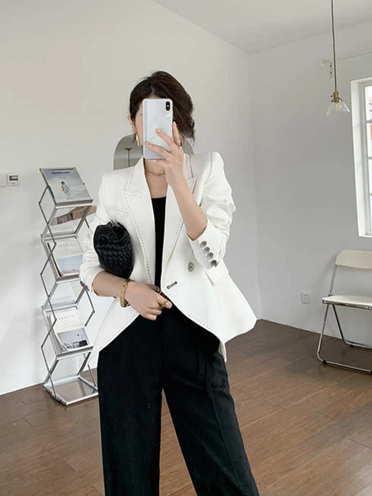 [EAM]  Women White Line Split Irregular Blazer New Lapel Long Sleeve Loose Fit  Jacket Fashion Tide Spring Autumn 2022 1Z409 dressy pant suits