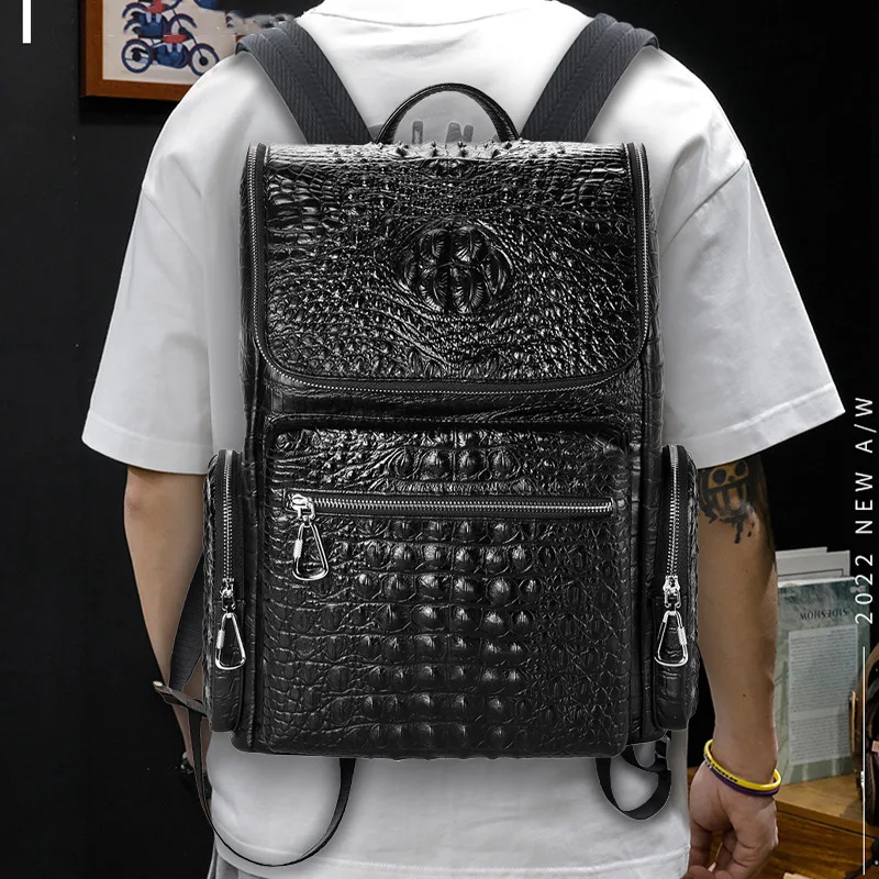 Fashion Alligator Pattern Genuine Leather Backpack for Men Business 15.6 inch Laptop Rucksack School Bag Computer Backpack Bag mens backpack