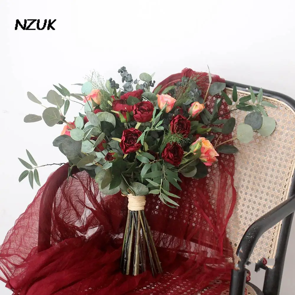 

NZUK Wedding Flowers Bridal Bouquets Dark Red fleur rose Charms Artificial Cymbidium Bride Hand Holder Flower Bouquet
