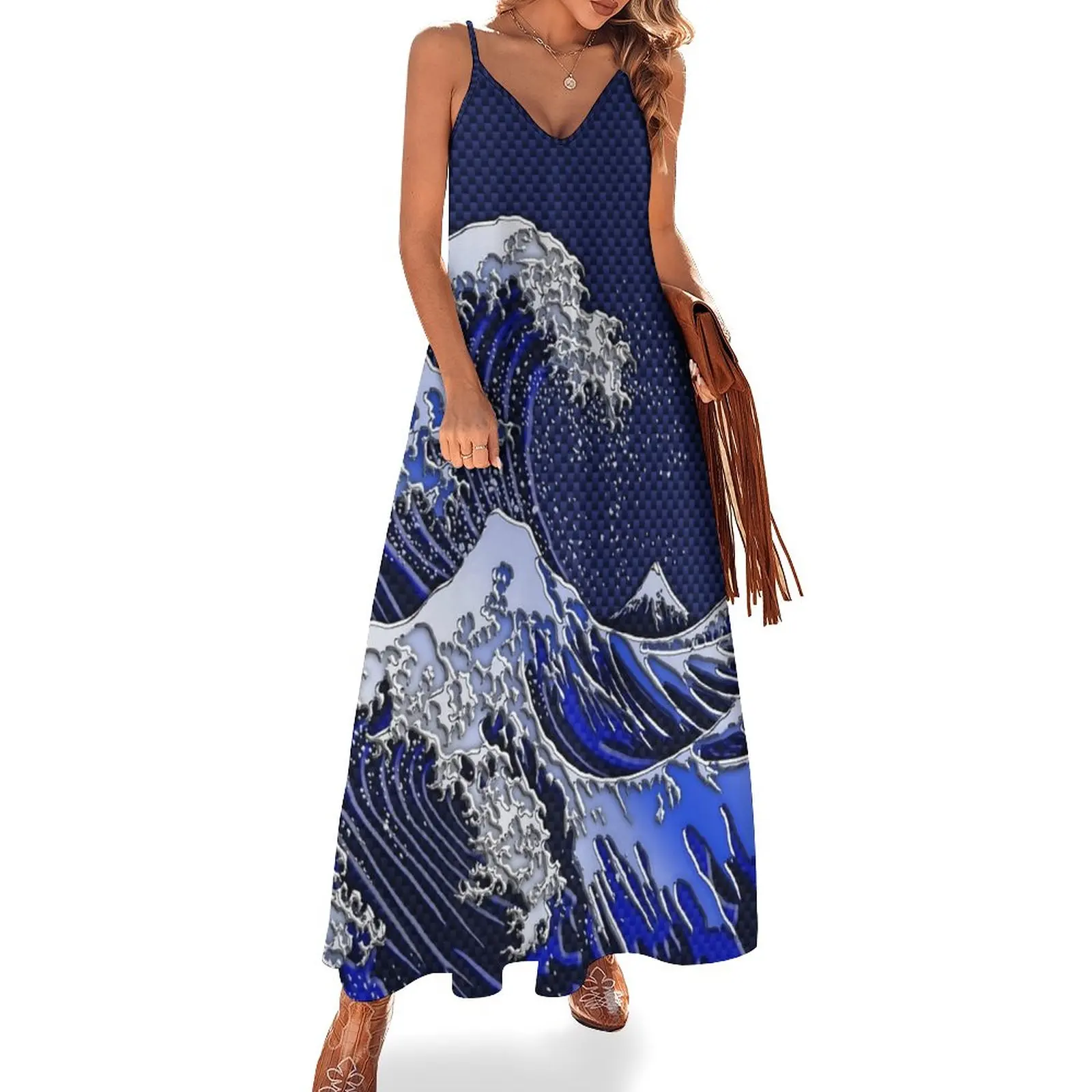 

New The Great Hokusai Wave chrome carbon fiber styles Sleeveless Dress women long dresses clothes for women