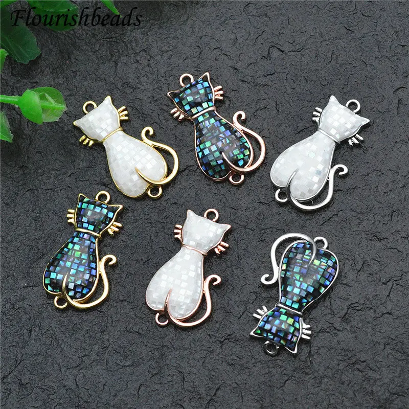 

Natural Shell Cute Animal Cat Shape Necklace Pendant Connectors Metal Bracelet Charms DIY Jewelry Findings Two Loops Component