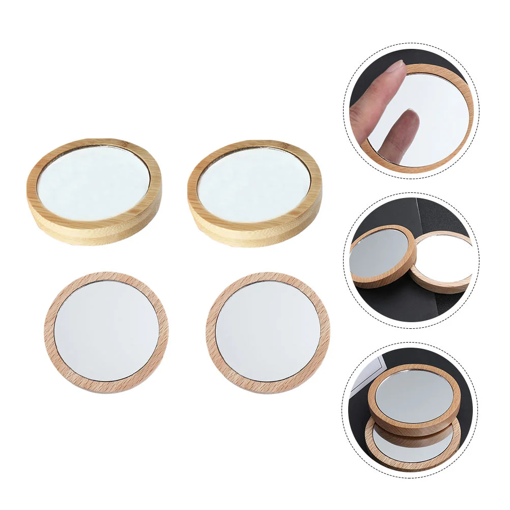 4Pcs Compact Round Mirrors Wood Portable Makeup Mirrors Pocket Mirror for Purses Travel Outdoor