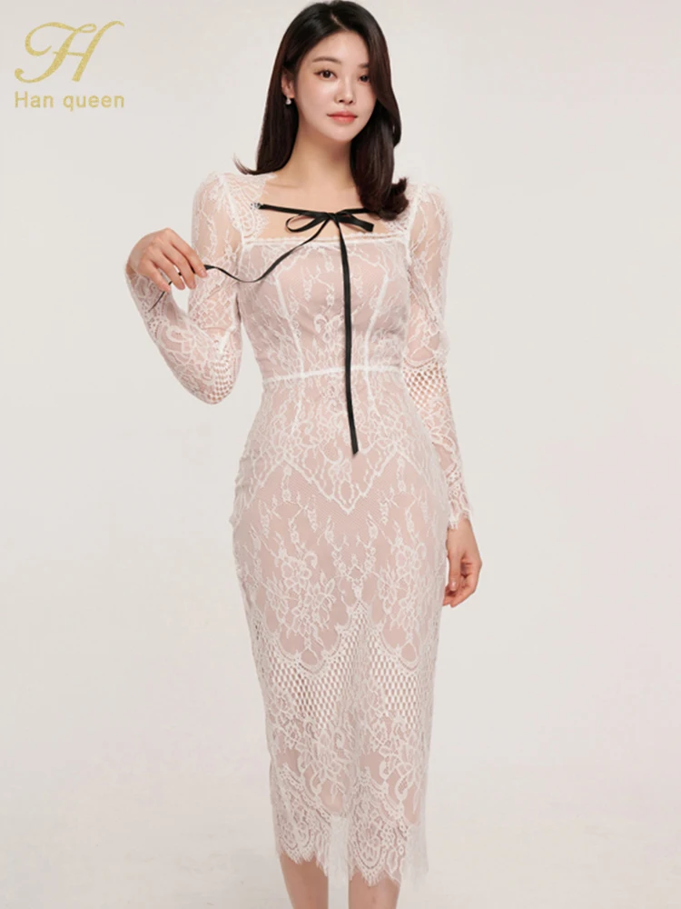 H Han Queen-فستان دانتيل أنيق بسيط للنساء ، على ال...
