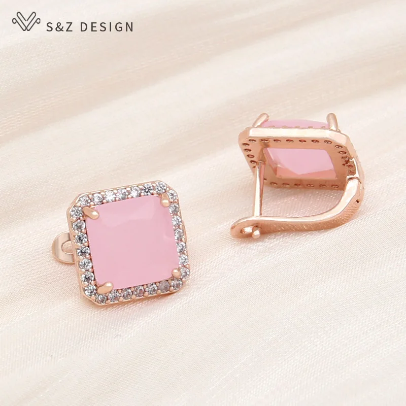 S&Z DESIGN New Fashion Square Pink Crystal Drop Earrings For Women Trendy Jewelry 585 Rose Gold Color Cubic Zirconia Eardrop