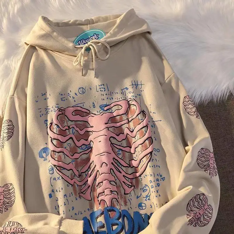 Hoodies Women Y2k Tops New Sweater Printed Bone Plus Velvet Hoodie Goth Kawaii Aesthetic Clothes Sweatshirts Highstreet Hoodie