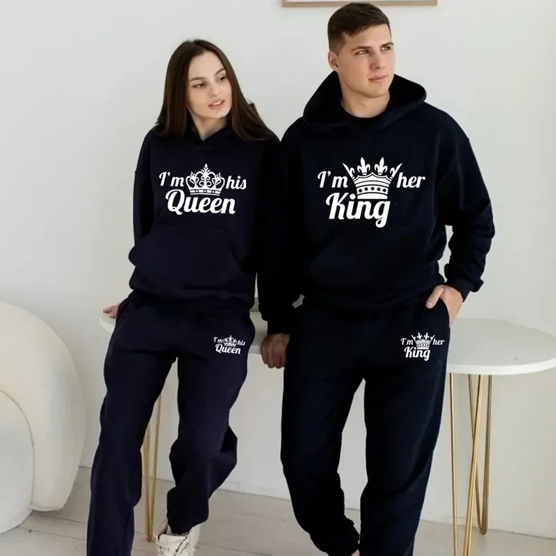 

Couple KING QUEEN Print Tracksuit Sets Casual Loose Hoodie Jogger Pants 2pcs Sets Causal Pullover Lover Sport Wear Clothing New