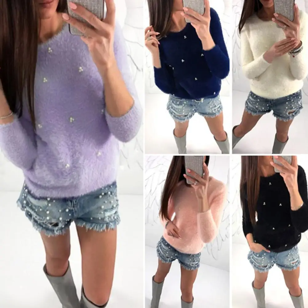 

Pullover Sweater Skin-Touch Knitted Sweater Solid Color Autumn Winter Solid Color Fluffy Blouse Sweater Jumper Thickened