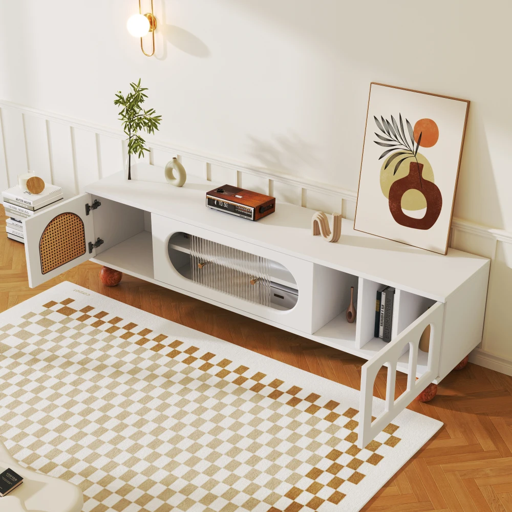 PINGGO Moderner TV-Ständer mit Rattantür, Glasschiebetür, 3 offenen Bögen, Lowboard mit goldenen Griffen, Massivholzfüßen, Wohnzimmermöbel – Detail 4