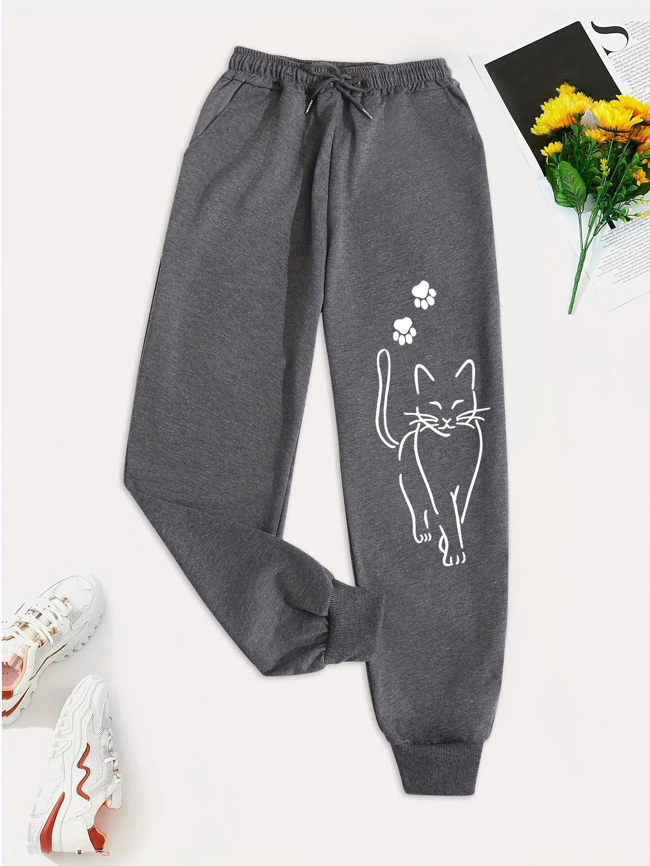 Elegant Cat Print Casual Versatile Women Pants Fashion Trendy Trousers With Drawstring Pockets Comfortable Sweatpants Female 5
