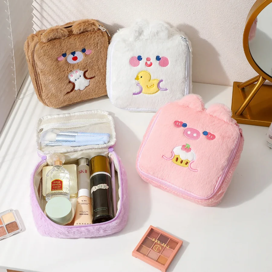 

Cartoon Plush Square Makeup Bag for Girls, Large Capacity, Portable Cosmetic Storage, Rabbit Ear Wash Bag, Pencil Case, Winter