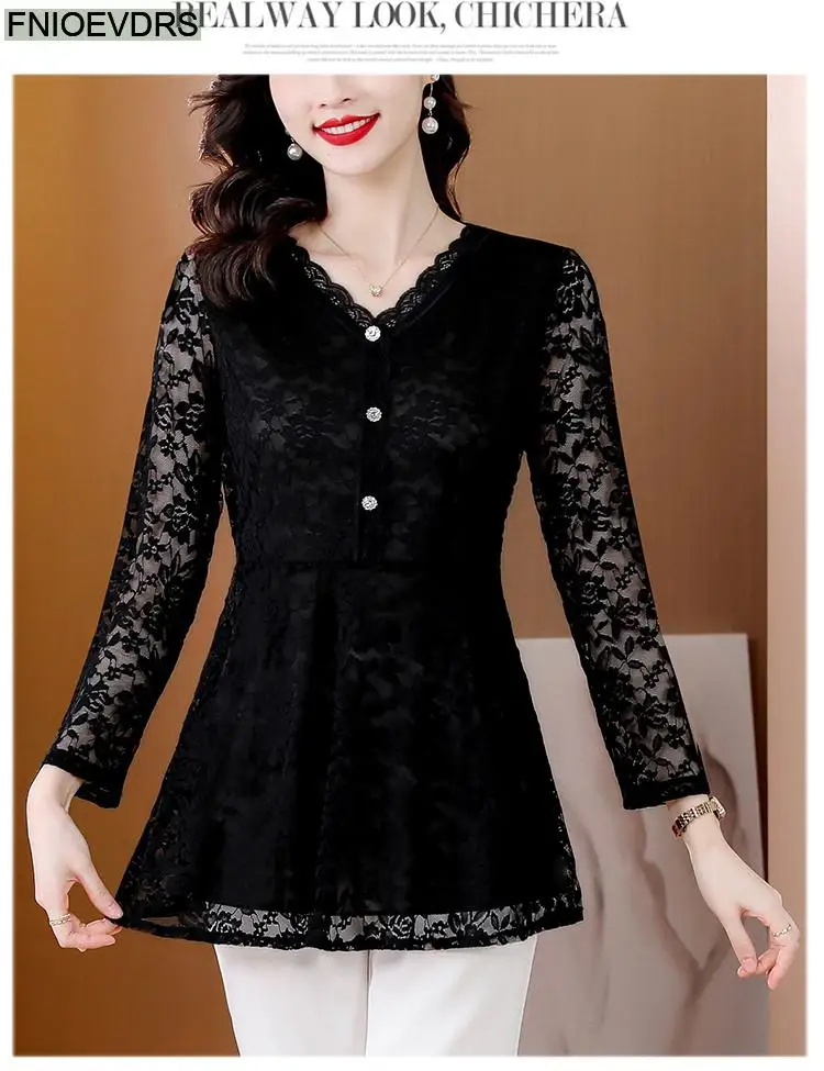 M-4XL 2023 Women Hot Sales Elegant Office Lady Work Button Black Lace Shirt Casual Belly A Line Tunic Peplum Tops And Blouses