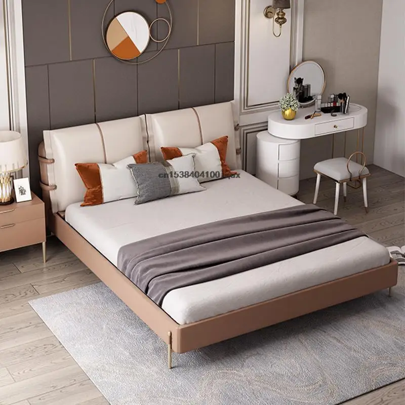 

Nordic Leather Soft Bed Of Couple Solid Wood Bed Frame Luxury Bedroom Furniture Apartment Simplicity King Size Double Bed Set