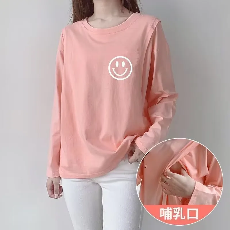 Autumn Long Sleeve Nursing T-shirt Fashion Letters Print Maternity Cotton Lactation Clothes Postpartum Woman Breastfeeding Tees