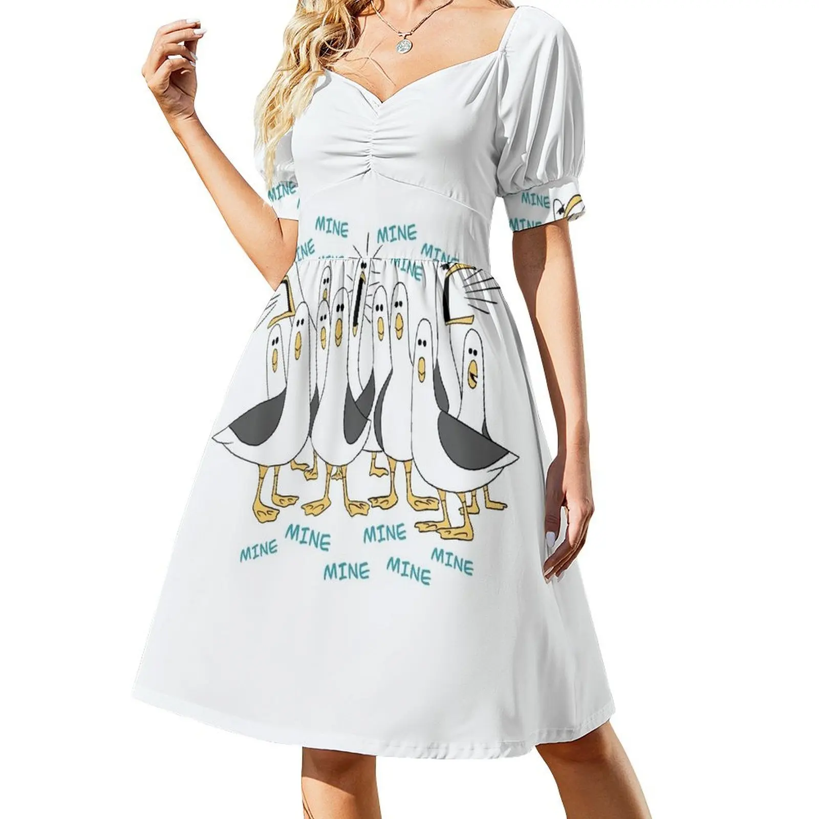 thumbnail image 1 of Vestido de manga corta con estampado de gaviotas, vestido de verano, vestidos de diario, estilo coreano, atuendo para festivales, vestido para mujer, 1 of 7