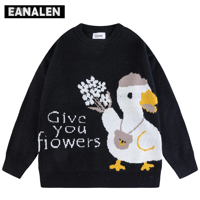 

Harajuku Cartoon Anime Knitted Sweater Men's Winter Vintage Cute Duck Graphic Jumper Pullover Grandpa Ugly Sweater Women's Y2K