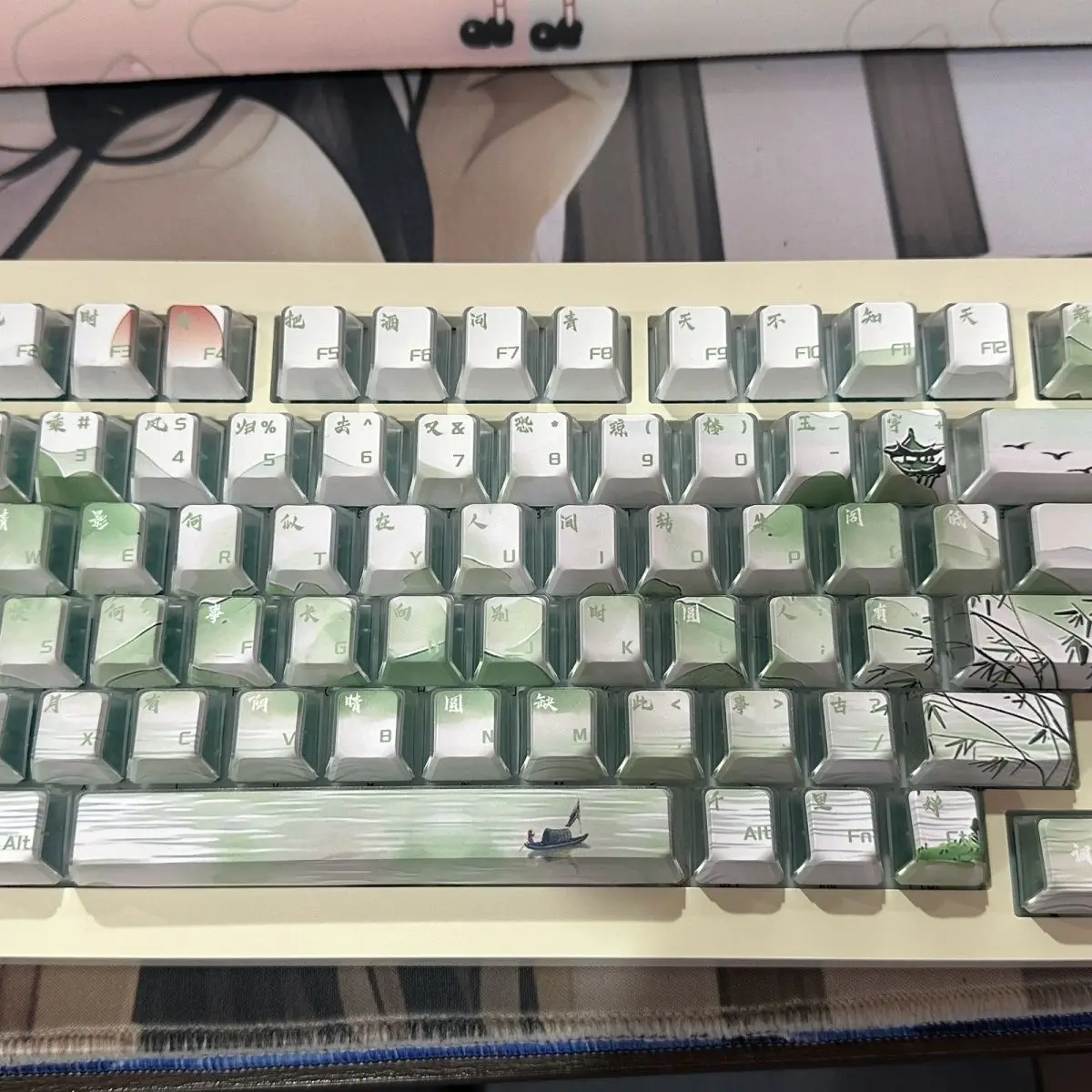 Estilo Chinês de Três Lados See-through Keycap Sublimação Pbt Faça Você Mesmo Cereja Poesia Antiga Canção Tune Água Cabeça Keycap