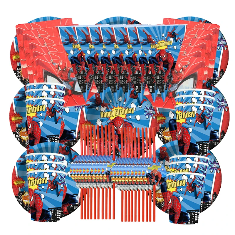Cartoon Super Hero Spiderman Party Cups Plates Straw Napkins Flag Baby
