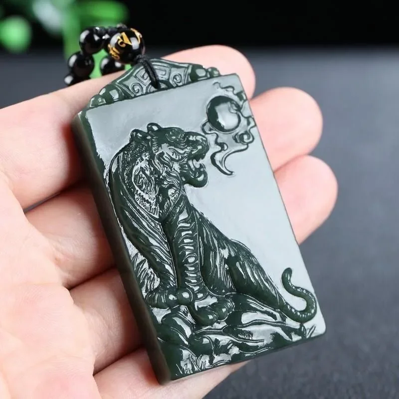

Hotan Jade Tiger Necklace Pendant Natural Green White Chalcedony Chinese Fashion Charm Jewelry Carved Amulet Gifts for Women Men