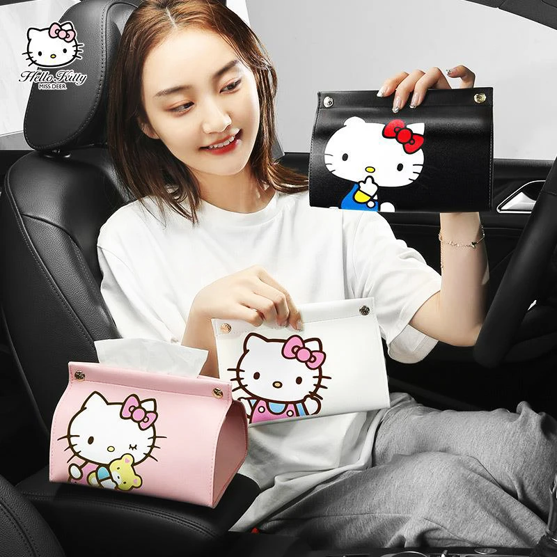 

Kawaii Hello Kittys Y2K Sanrio Paper Extractor Cute Vehicle-Mounted Portable Storage Makeup Bag Tissue Box Automotive Supplies