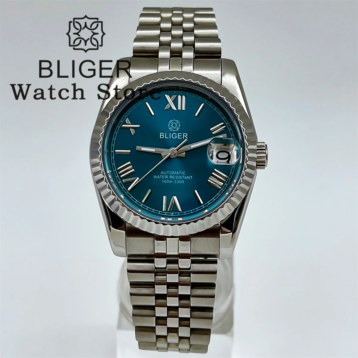 BLIGER 自動巻き 腕時計 青 Bliger-男性用自動巻き時計,ステンレススチールブレスレット