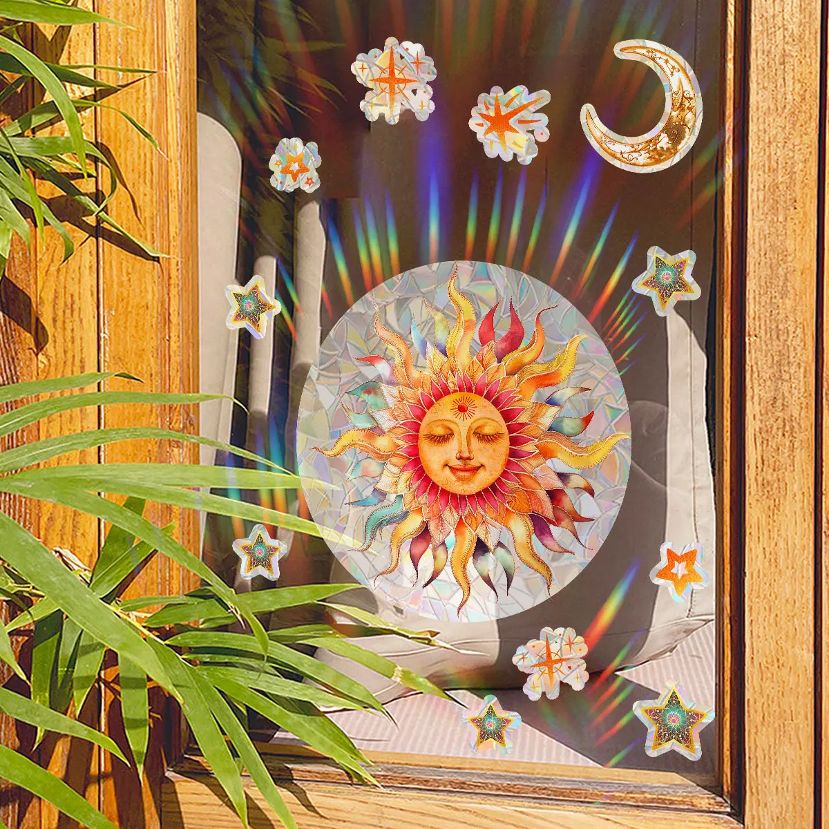 Cartoon Ancient Greek Sun Moon Stars Colorful Static Cling Stickers Stained Glass Decorative Films Window Stickers