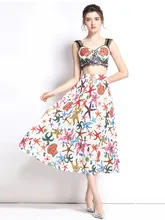 

Runway Bohemia Women Two Piece Set Fashion V-Neck Crop Tops+Floral Print High Waist Pleats Mid Skirt Set Summer Sexy Suit