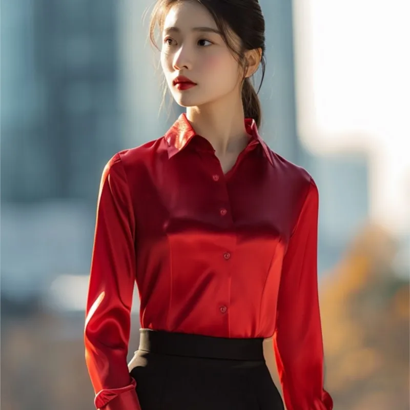 Red Silk Shirt Women's New Festive Fashionable Casual Acetate Satin