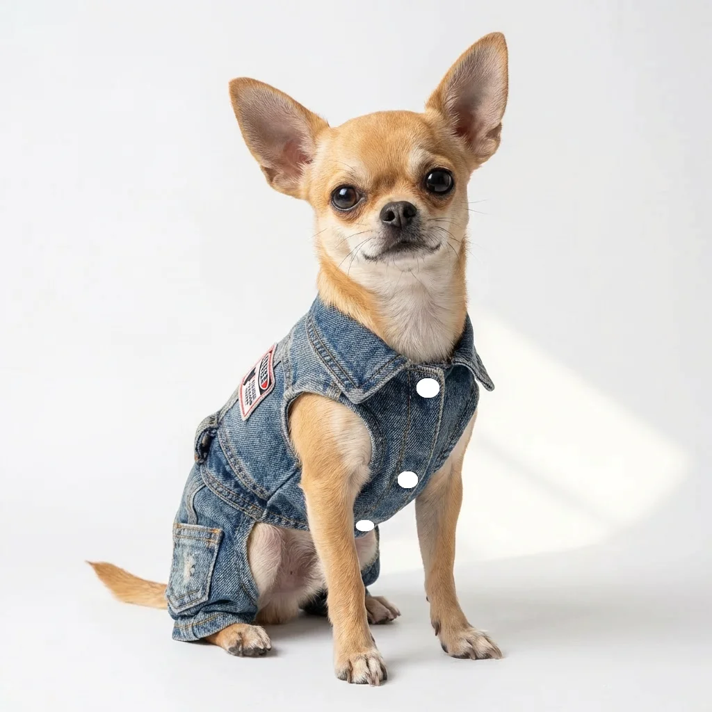 빈티지 데님 강아지 점프수트 민소매 애완견 청바지 의상, 작은 강아지들을 위한 패치 장식 (요르키, 푸들, 치와와)
