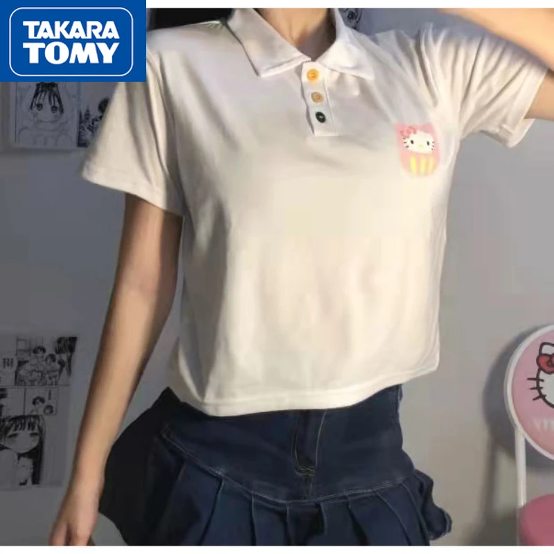 

Милая летняя рубашка-поло TAKARA TOMY для девочек с рисунком Hello Kitty, белая рубашка-поло с отложным воротником и короткими рукавами, студенческий Свободный Повседневный Топ