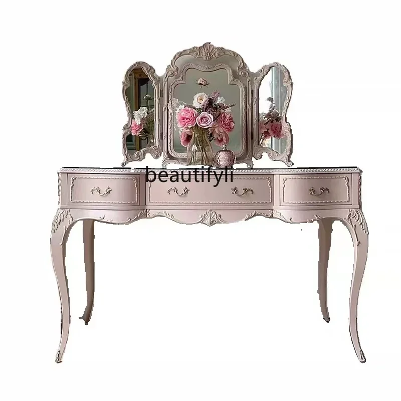 

French Retro Distressed Pink Dressing Table Nordic Style Solid Wood Carved Dressing Table Dressing Stool Glass Combination