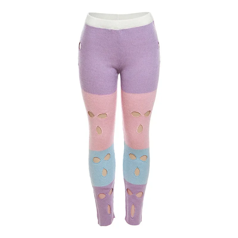 Patchwork Color Knitted Hollow Out Casual Straight Leg Pants Women 2023 Autumn Fashion New Sexy High Waist Trousers Streetwear
