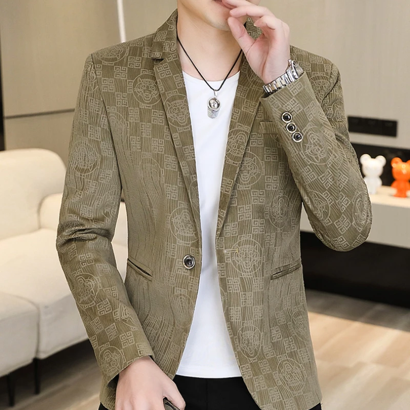 Luxury Retro Printed Men's Blazer Fashion Korean Slim Suit Jacket Social Casual Business Banquet Dress Coats Tops Men Clothing