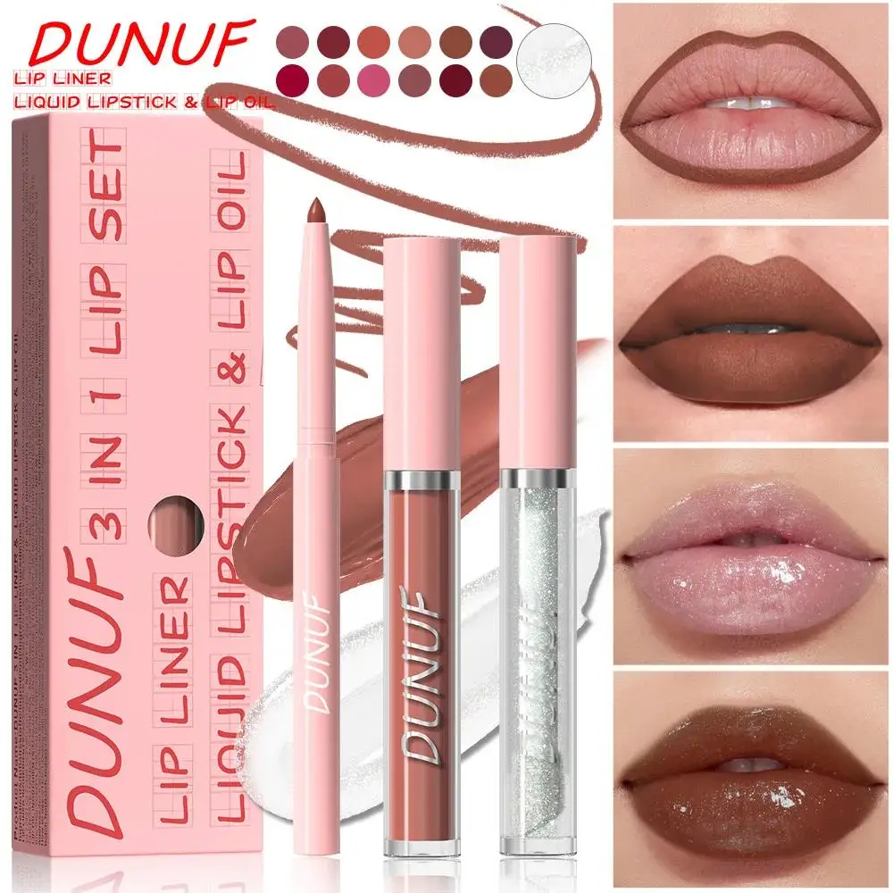 3Pc Rose Pink Matte Lipstick Set Waterproof Long Lasting Nude Brown Lip Liner Gloss Cheek Tint Oil Makeup Kit
