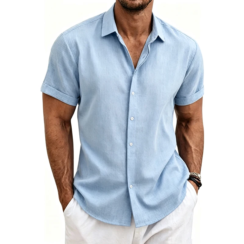 Men's Cotton Linen Shirts Essential Comfortable Casual Lightweight Short Sleeve 3
