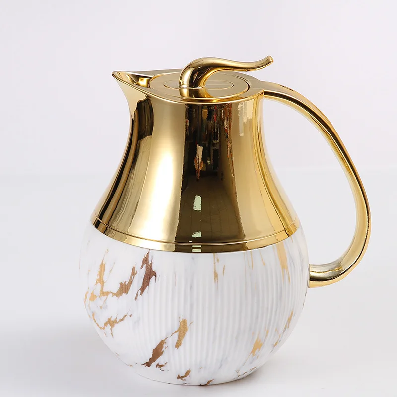 White Marble Pattern Belly Shaped Thermal Bottle 1 Liter