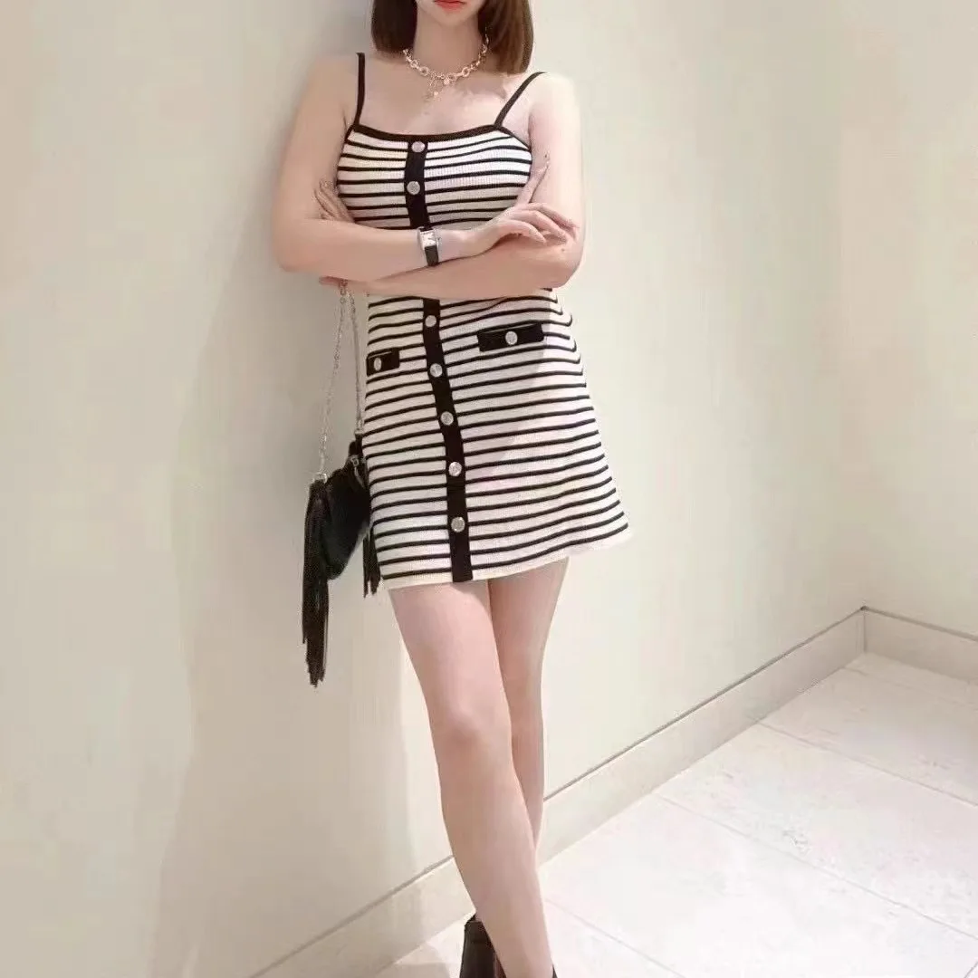 

Women's Contrasting Stripes Sling Dresses Elegant Slim Summer 2024 New Ladies Single Breasted Knitted Mini Robe