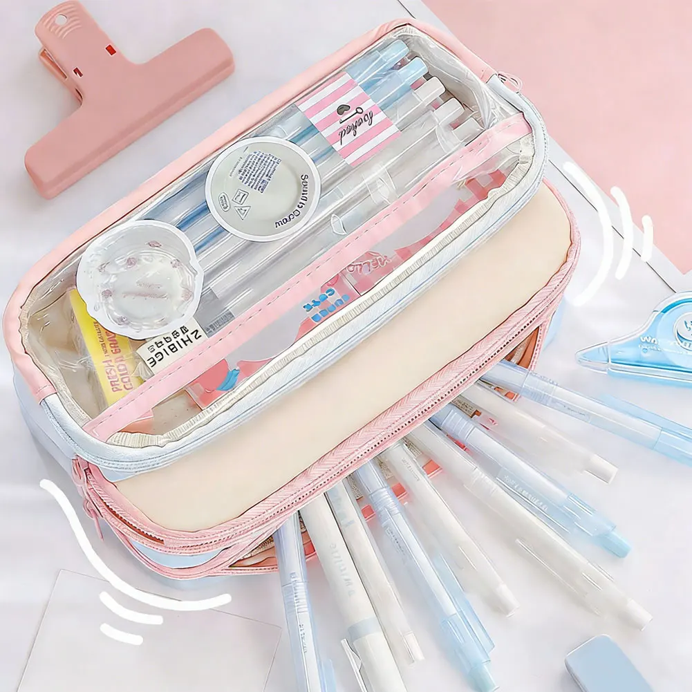 패션 컬러 블록 3단 대용량 필통 학생용 문구 데스크탑 수납 펜 가방 귀여운 소녀 메이크업 가방 선물