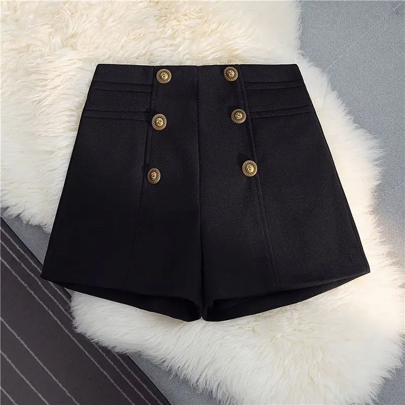 

Autumn New Button Patchwork A-line Shorts All-match Loose Solid Zipper Office Wide Leg Pants Vintage Elegant Women Clothing