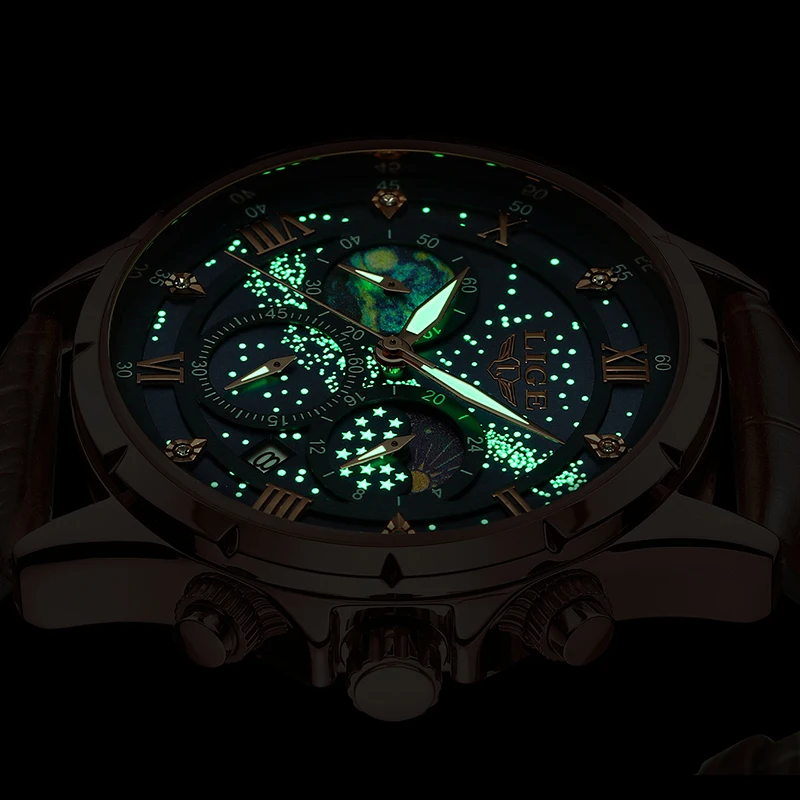 Lige Herren uhr Luxus wasserdichte männliche Uhr Mondphase Datum lässig blau Leder Quarz Armbanduhr Männer Chronograph montre homme