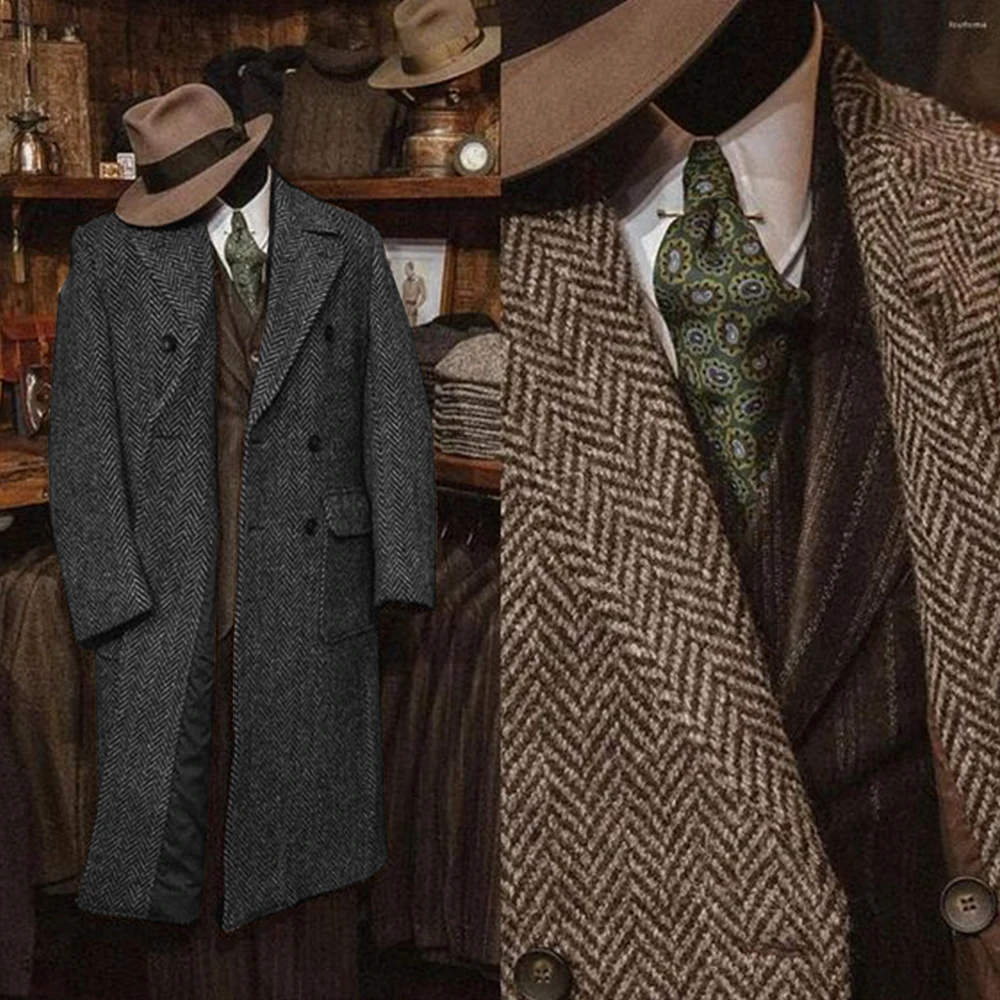 2024 New Men's Herringbone Pattern Tweed Long Jacket Slim Fashion Design Men's Jackets Winter Men's Clothing Casual Business