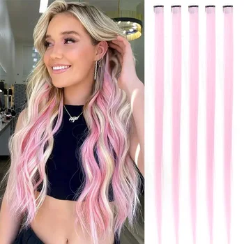 Colored Hair Extensions 22-Inch Long Clip In Party Highlights 5PCS Straight Synthetic Hair Accessories For Women For Festival