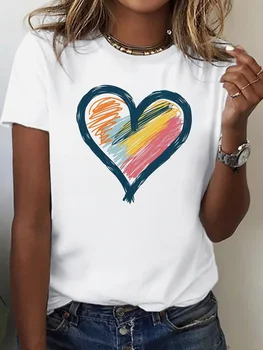 Ladies' Soft T-shirt with Bright Hand Painted Heart shaped Design Comfortable Casual Fit Round Neck Summer Short Sleeved Shirt 1