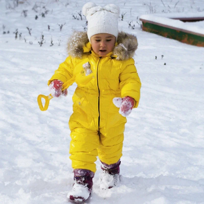 Russia Winter Kids Girls Boys Snowsuit Jumpsuit Baby White Duck Down Jackets Overall Children Real Raccoon Fur Hooded Rompers Y8