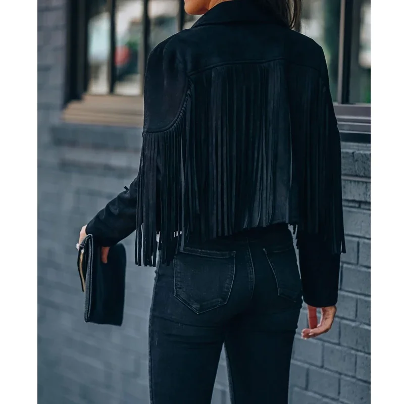 2023 Autumn Fringed Bomber Jacket Women Spring Fashion Long Sleeve Turn-down Collar Open Stitch Slim Pink Jackets Streetwear