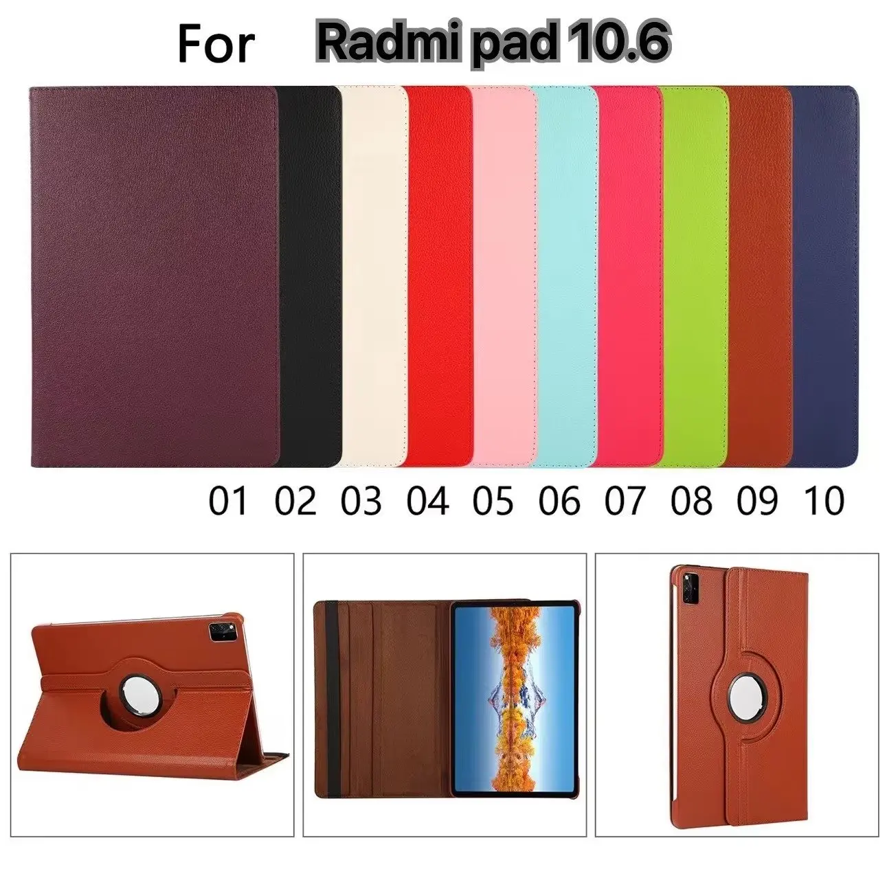 

360 Degree Rotating Protective Leather Stand Smart Tablet Case Cover For Xiaomi Redmi Pad 10.6 inch Released 2022