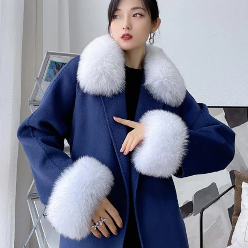 Advanced Double Sided Wool Cashmere Coat 2022 Autumn/Winter New Fox Collar Medium Length Slim Fit Coat For Women