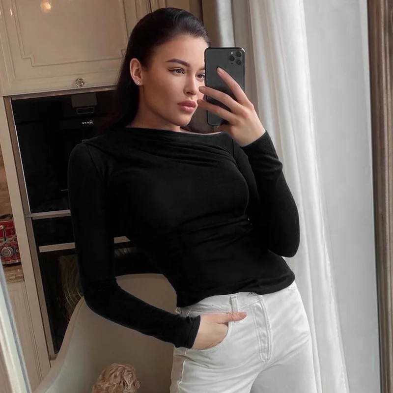 Autumn and Winter Solid Color Brushed Round Neck Wrinkled Long Sleeved Fashionable Versatile Slim Fit T-shirt Base Shirt 219