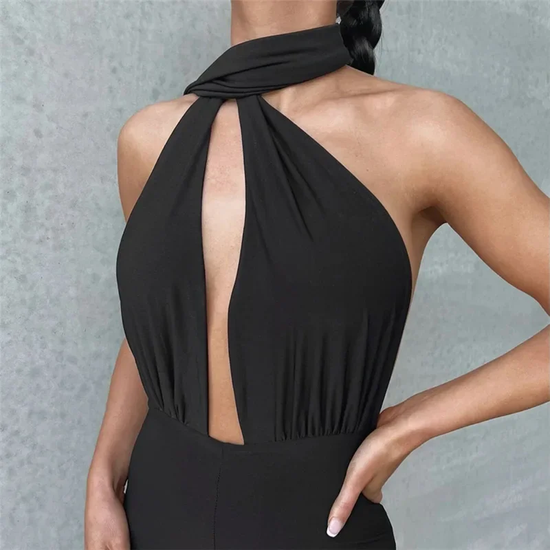 Cut Out Deep V Wrap Around Halter Sexy Backless Flare Side Slit Pants Jumpsuits Fashion Outfits Women One-Piece Rompers Overalls