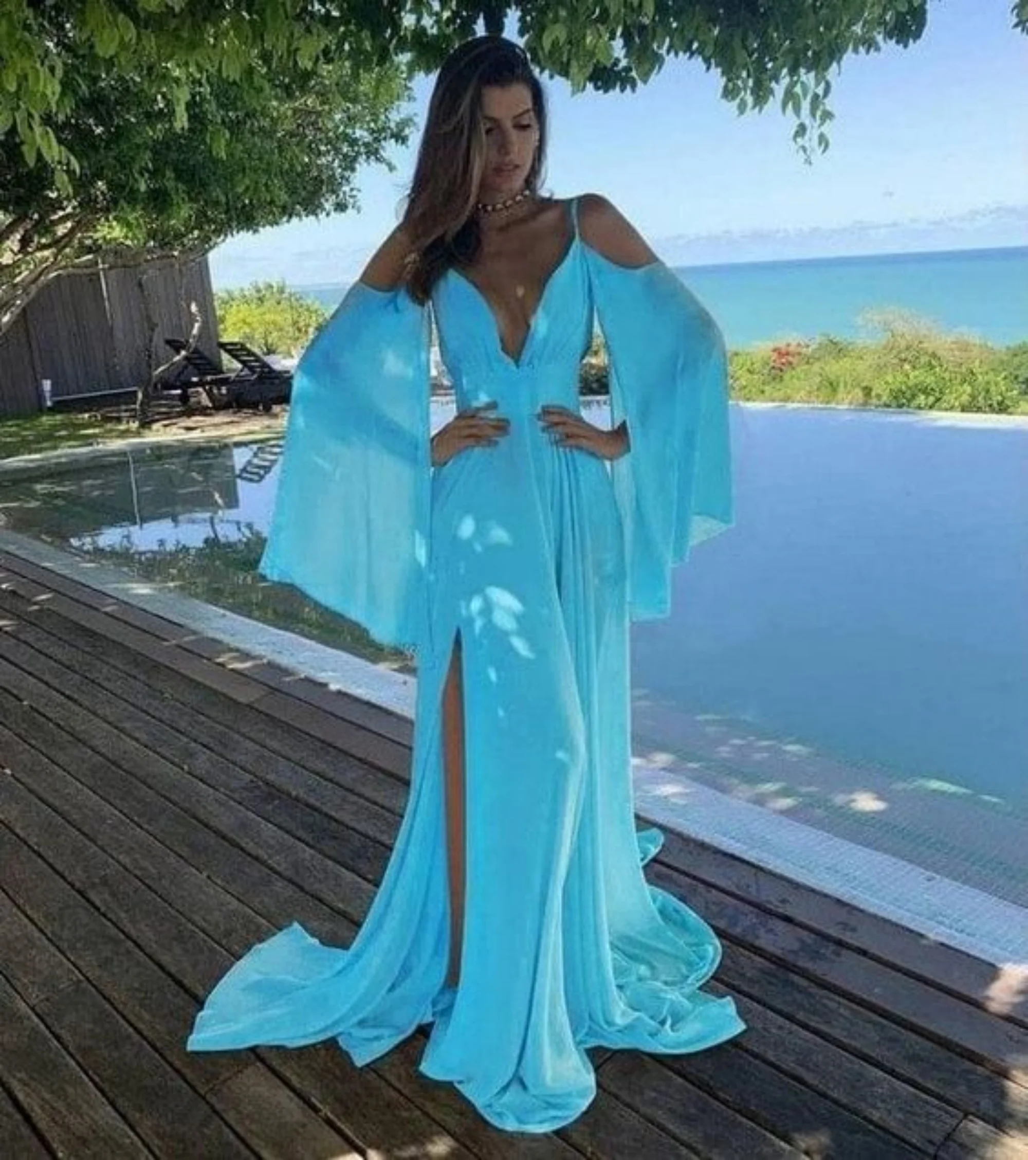 

Simple Blue V Neck Side Slit Prom Dress