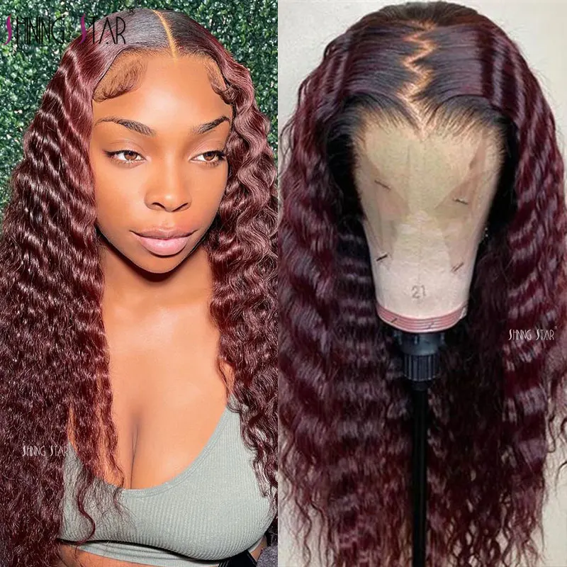 

13X4 Hd Deep Wave Frontal Wig Colored Red 99J Burgundy Lace Front Wig Water Wave Brazilian Curly Lace Human Hair Wigs For Women